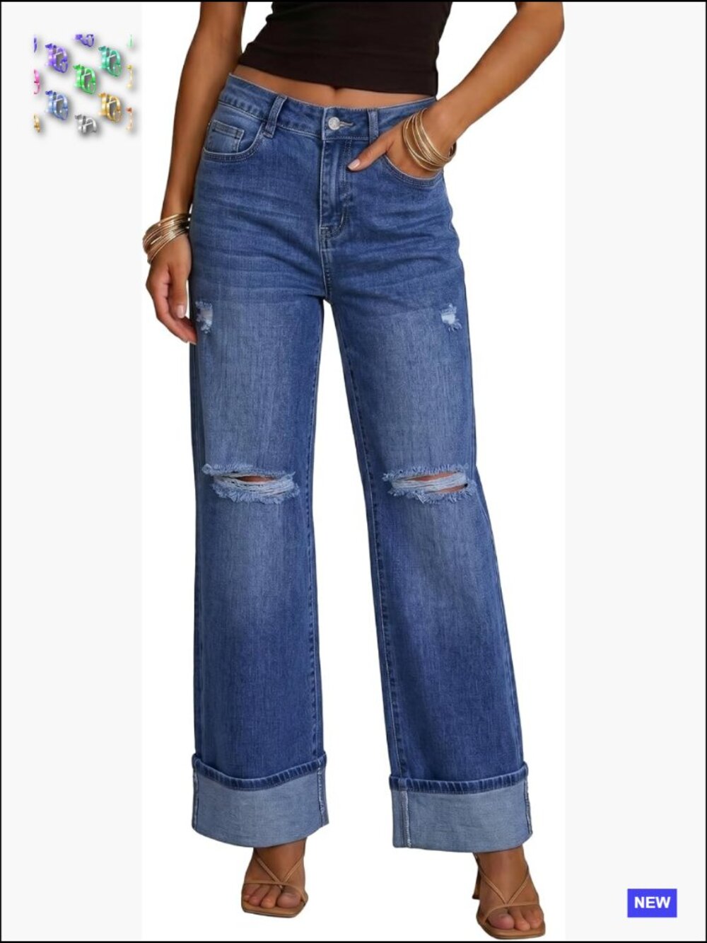 Wide Leg High Waisted Stretchy Ripped Denim Jeans 29 Inseam Trendy Boyfriend